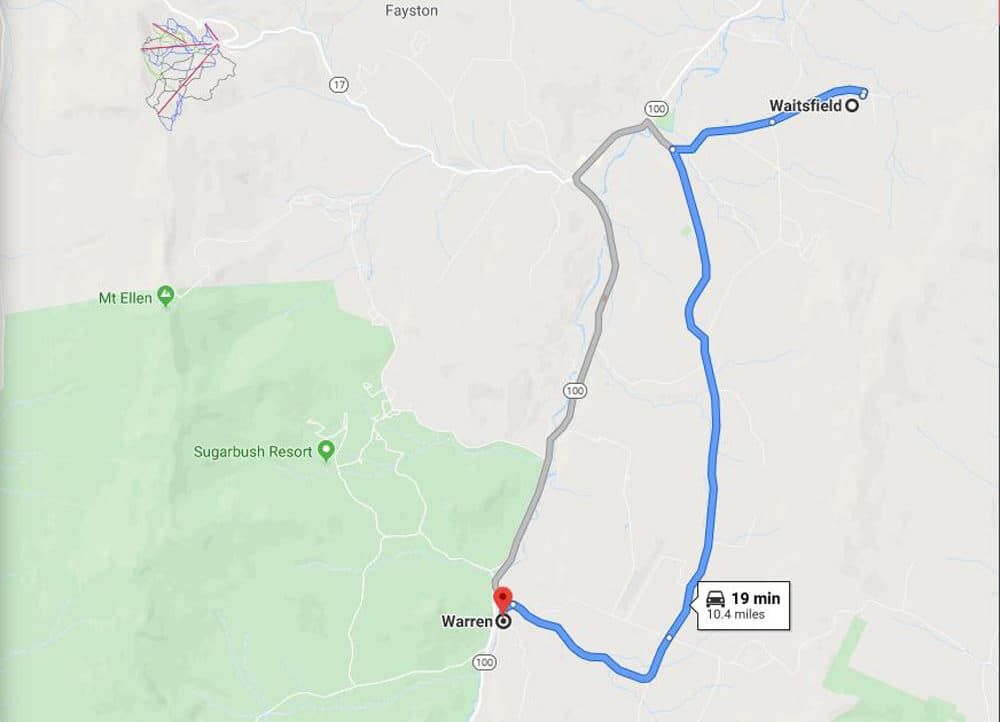 In Vermont, the drive from Waitsfield to Warren is beautiful for fall leaf-spotting. You can take Route 100 along the Mad River (left) or East Warren Road (right). (Screenshot via Google Maps)