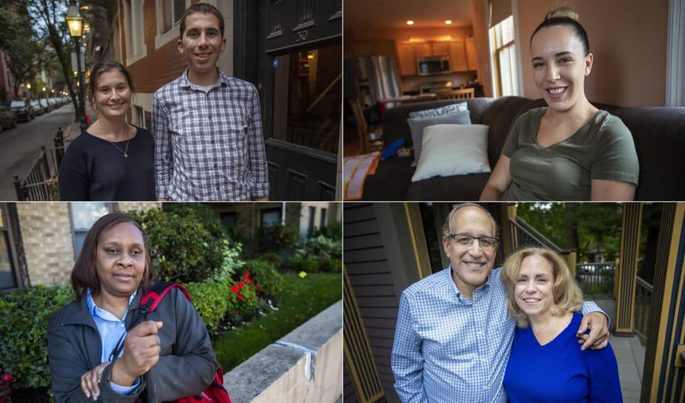 Clockwise from top left: Carlos and Kate Rodriquez, Liliana Jimenez, Yuval and Bonny Gilbert, and Cheryl Cumings (Jesse Costa/WBUR)