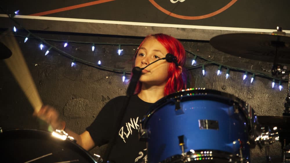 11-year-old Matt Hiltz plays drums for Color Killer. (OJ Slaughter for WBUR)