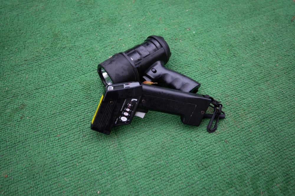 A flashlight and thermometer were brought along for a recent trip into the mine at Old New-Gate Prison. (Patrick Skahill/Connecticut Public Radio)