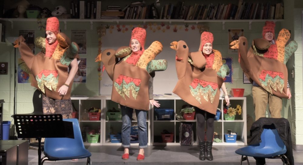 Jesse Hinson as Jaxton, Amanda Collins as Logan, Grace Experience as Alicia and Barlow Adamson as Caden in "The Thanksgiving Play." (Courtesy Glenn Perry/Lyric Stage Company of Boston)