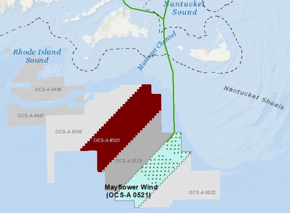 Mayflower Wind won development rights for the area shaded green in 2018. In red: Vineyard Wind's lease area. (Courtesy Mayflower Wind, SHNS)