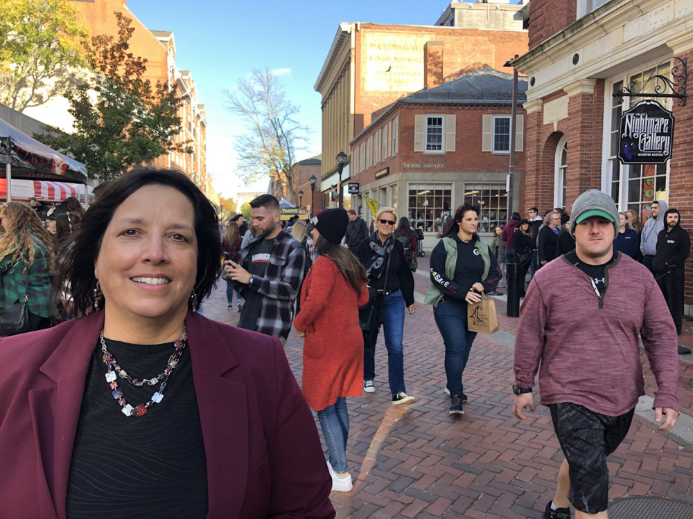 Salem Mayor Kim Driscoll on Essex St. (Andrea Shea/WBUR)