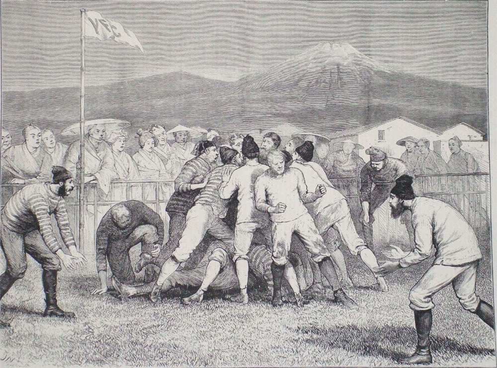 An 1874 illustration of "football" being played in Yokohama. (Courtesy Mike Galbraith)