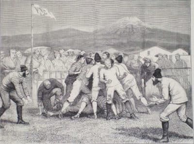 An illustration of early rugby being played in Yokohama on English newspaper, The Graphic. (Courtesy Mike Galbraith)