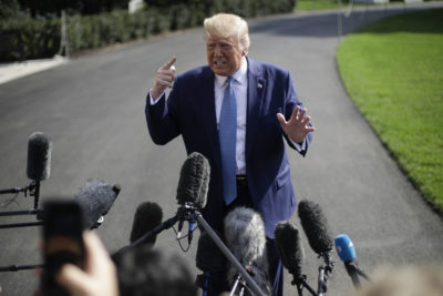 President Donald Trump gestures while speaking to the media on the South Lawn of the White House in Washington, Friday, Oct. 4, 2019, before his departure to nearby Walter Reed National Military Medical Center in Bethesda, Md. (Pablo Martinez Monsivais/AP)