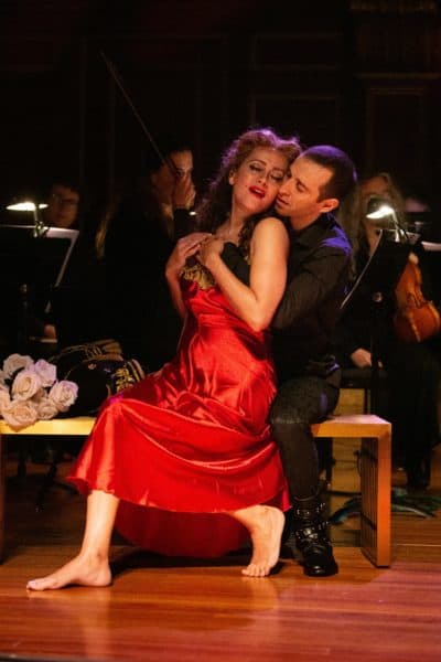 Soprano Amanda Forsythe and countertenor Anthony Roth Costanzo on stage during an April 2019 performance of Monteverdi's "L'incoronazione di Poppea" with Boston Baroque. (Courtesy Kathy Wittman)