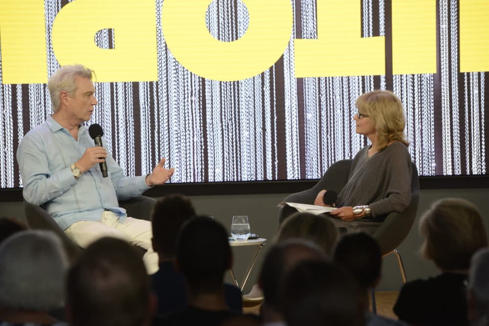 David Byrne talks to host Robin Young at WBUR's CitySpace. (Photo by Eric Antoniou)