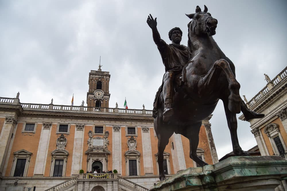 Rome's City Hall by an equestrian statue of Marcus Aurelius. (Andreas Solaro/AFP/Getty Images)