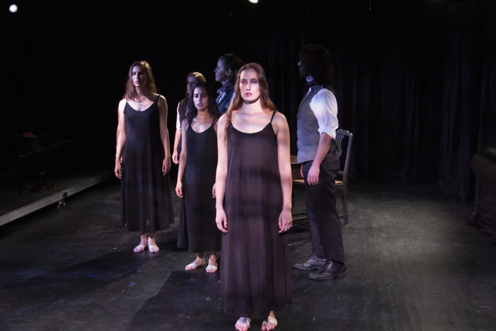 Foreground, front to back: Siobhán Carroll, Luz Lopez, and Elena Toppo. Background, front to back: C. Padraig Sullivan, Christine Power and Jessica Golden in "My Fascination with Creepy Ladies." (Courtesy Anthem Theatre Company)