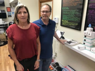 Stacy Poritzky and David Bershad are co-owners of Vape Daddy's, one of four vape shops they shut down in the Boston area after the governor temporarily banned sales of all vaping products. (Peter O'Dowd/Here & Now)