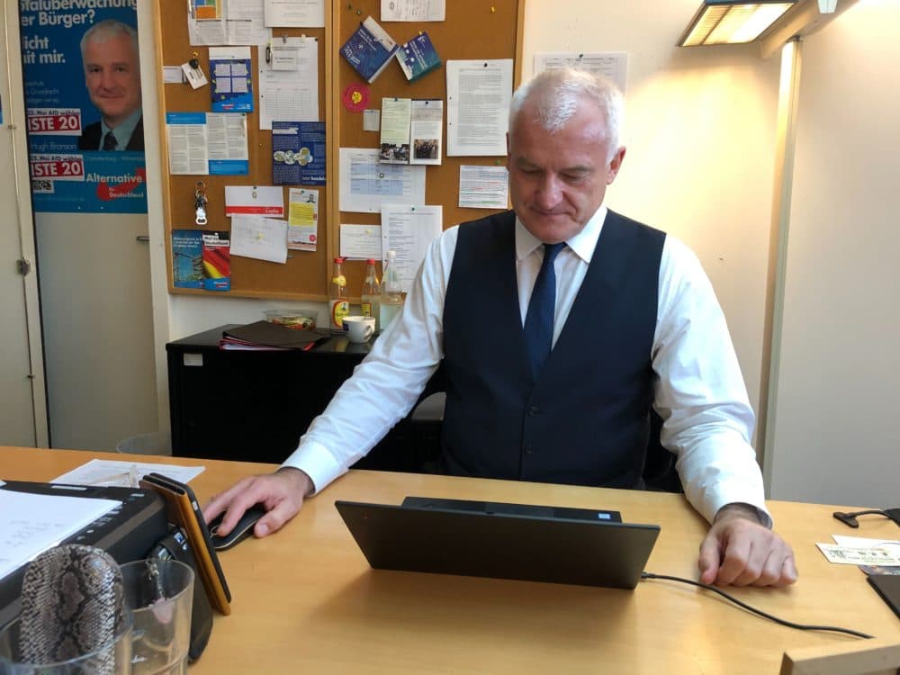 Hugh Bronson, a member of the Euro-skeptic far-right AfD in the Berlin state government, says the U.K. is right to leave Europe. (Peter O'Dowd/Here & Now)