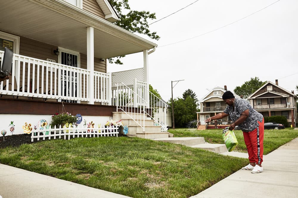 Mrs. Morris seeds the lawn of her tidy property with an abandoned lot next door in Cleveland's Ward 8 on the east side of the city. (Paul Sobota/Here & Now)