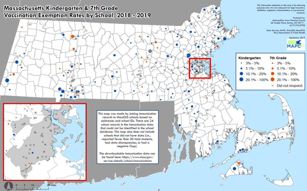 Click to enlarge: This map of immunization exemption rates was provided by the office of state Sen. Becca Rausch.