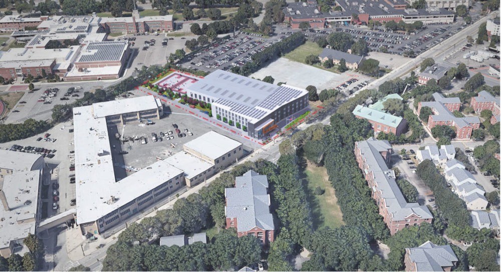 The Martin Richard Dorchester Field House, depicted in an architect’s graphic, will be located next to what is now the McCormack Middle school, at left. (Courtesy of RODE Architects)