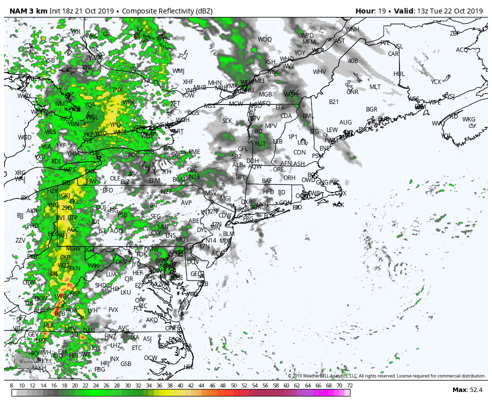 Showers arrive from the west today, with some early drizzle off the ocean later this afternoon. (Courtesy of WeatherBell)