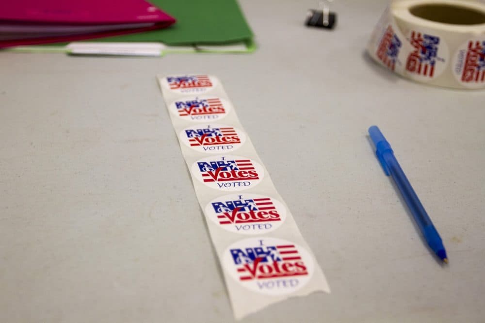 "I voted" stickers at a polling place in Salem, New Hampshire (Joe Difazio for WBUR)