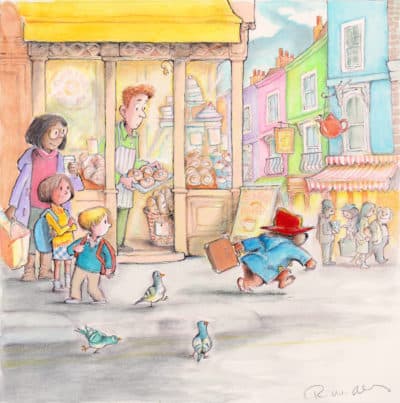 "Paddington Didn't Collect the Buns," by R. W. Alley, from "Paddington at St. Paul's," the latest Paddington Bear book illustrated by Rhode Island artist R. W. Alley. (Courtesy of R. Michelson Galleries)