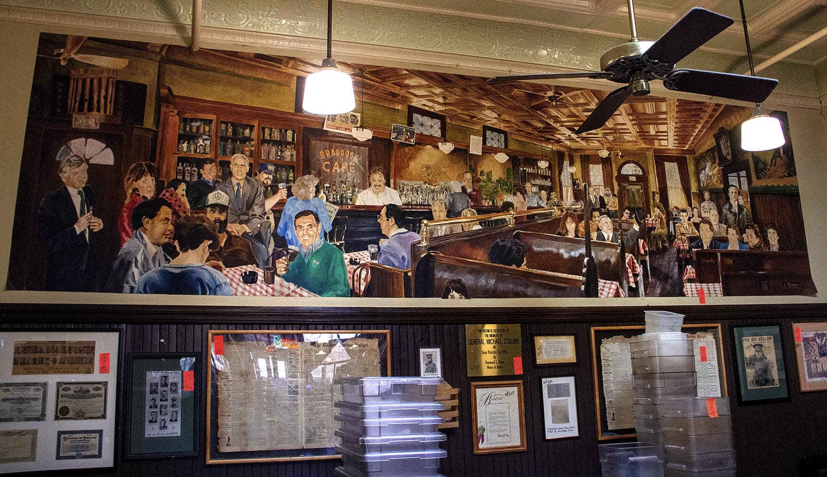 A mural from Doyle's in Jamaica Plain. Nearly everything in the restaurant was up for auction. (Meghan B. Kelly/WBUR)