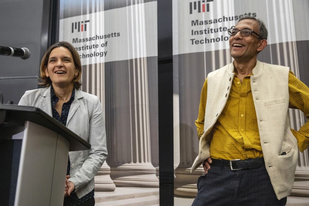 Esther Duflo, left, and Abhijit Banerjee speak during a news conference at Massachusetts Institute of Technology in Cambridge, Mass., Monday, Oct. 14, 2019. Banerjee and Duflo, along with Harvard's Michael Kremer, were awarded the 2019 Nobel Prize in economics for pioneering new ways to alleviate global poverty. (Michael Dwyer/AP)