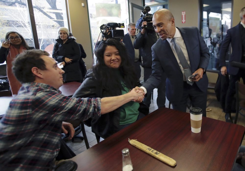 Patrick campaigns Thursday at The Bridge Cafe in Manchester, N.H. (Charles Krupa/AP)