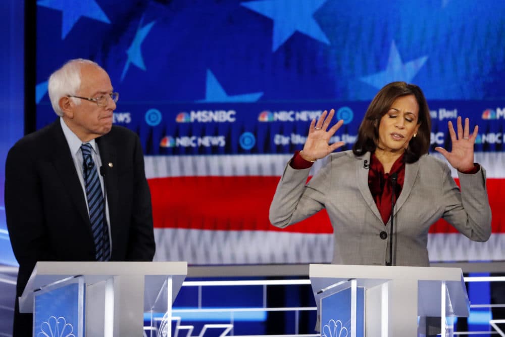 Sen. Kamala Harris, D-Calif. and Sen. Bernie Sanders, I-Vt., Nov. 20, 2019, in Atlanta. (John Bazemore/AP)