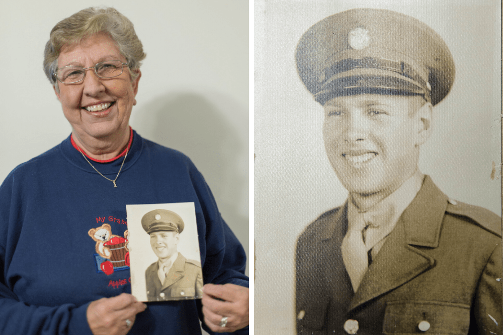 Barbara Rosebrock holds a photo of father, Elvin "Speed" Homan, a World War II paratrooper and prisoner of war. (Morgan Feigal-Stickles for WBUR)