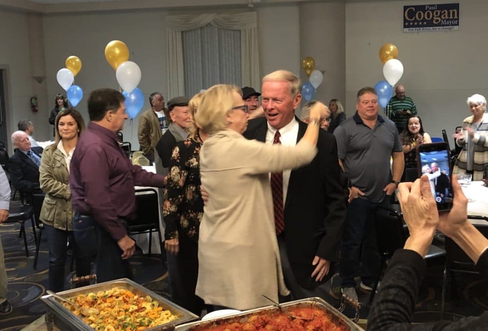 Fall River Mayor-elect Paul Coogan celebrates his victory with supporters. (Callum Borchers/WBUR)