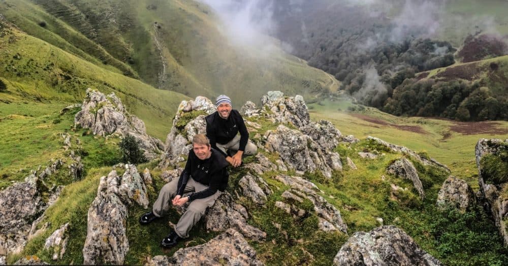 Luke Hutchins and Mark Joseph Peredo near the Virgin of Orisson in the Pyrenees on the Camino de Santiago. (Courtesy Mark Joseph Peredo)