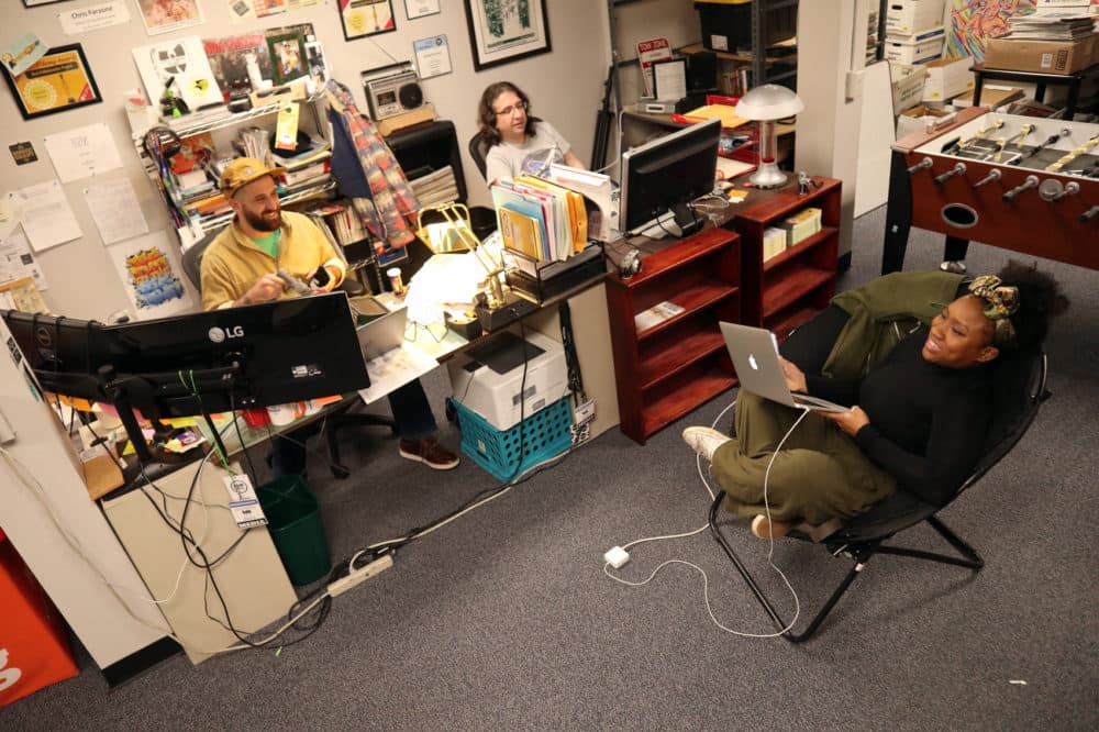 From left: editor-in-chief Chris Faraone, executive editor Jason Pramas and senior account executive Dawn Martin. (Adrian Ma/WBUR)