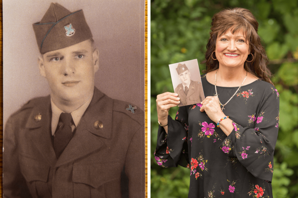 Donna Beaudry holds a photo of father, Myron Leo Smith, Jr., a veteran of the Korean War. (Morgan Feigal-Stickles for WBUR)