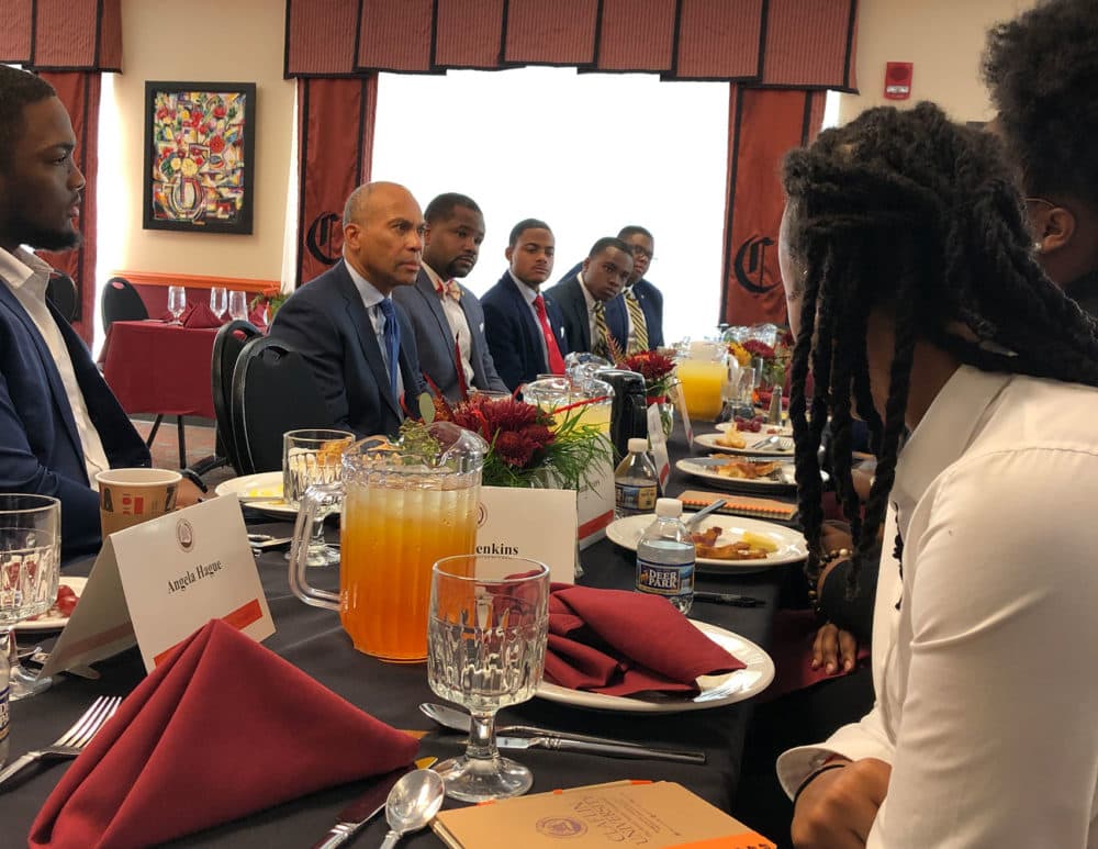 Patrick talks with students at Claflin University, a historically black university in South Carolina, on Wednesday. (Anthony Brooks/WBUR)
