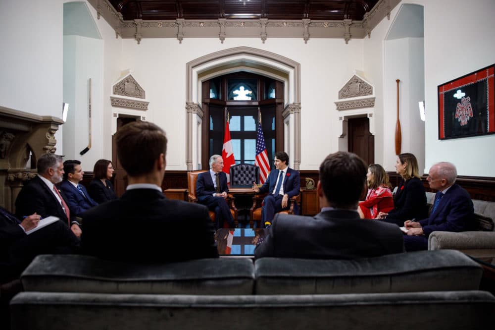 Rep. Richard Neal, D-Mass., and Canada Prime Minister Justin Trudeau, center, discuss the USMCA trade deal Wednesday in Ottawa. (Courtesy of @JustinTrudeau/Twitter)