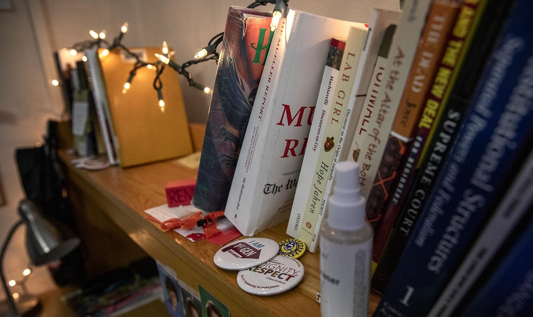 An “I am 1st Gen” button on Scalona’s desk at UMass Amherst. (Robin Lubbock/WBUR)