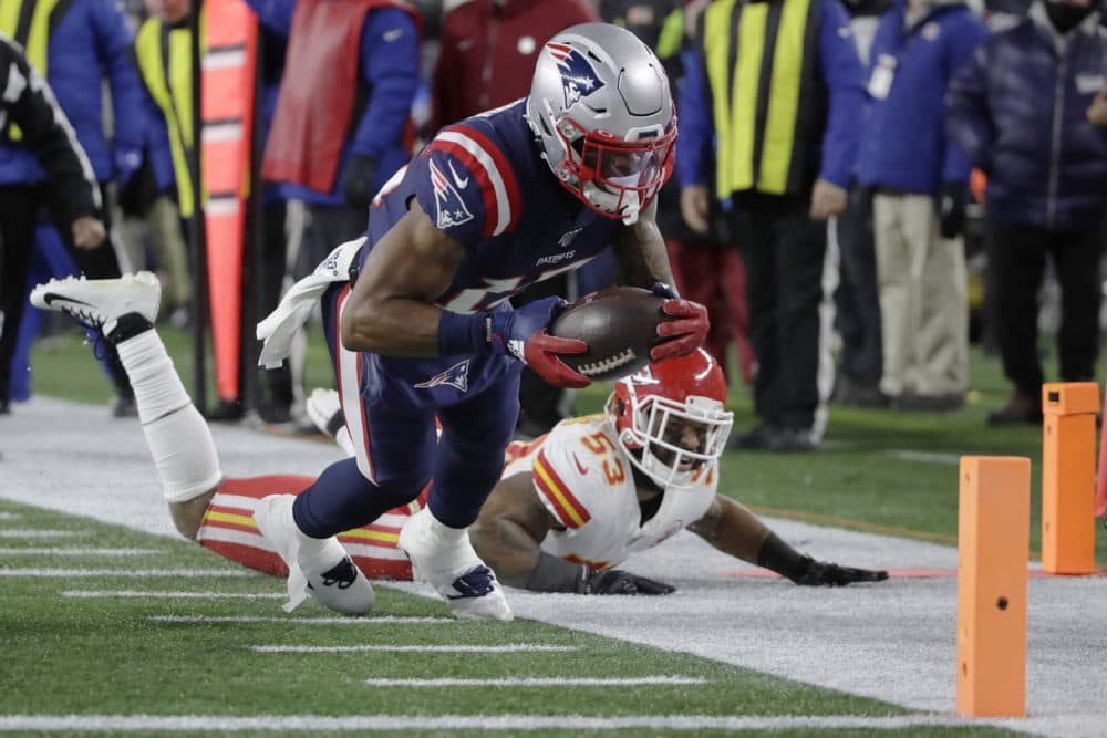 New England Patriots wide receiver N'Keal Harry runs for the goal line after catching a pass against the = Chiefs in the second half of the game. The play was not ruled a touchdown. (Elise Amendola/AP)