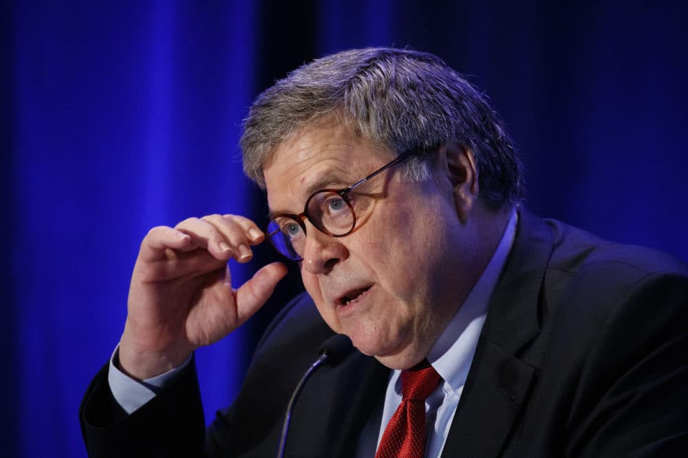 Attorney General William Barr adjusts his glasses while speaking to the National Association of Attorneys General, Tuesday, Dec. 10, 2019, in Washington. (Jacquelyn Martin/AP)