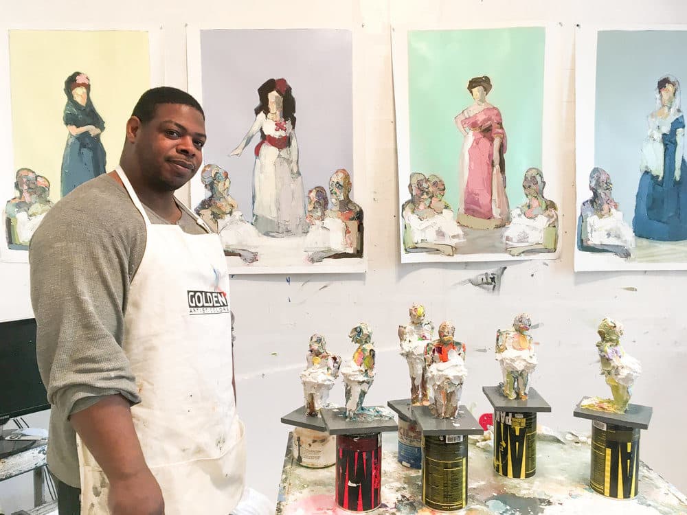 Artist Lavaughan Jenkins with some of his "3D paintings" in his Roxbury studio. (Courtesy Abigail Ogilvy Gallery)