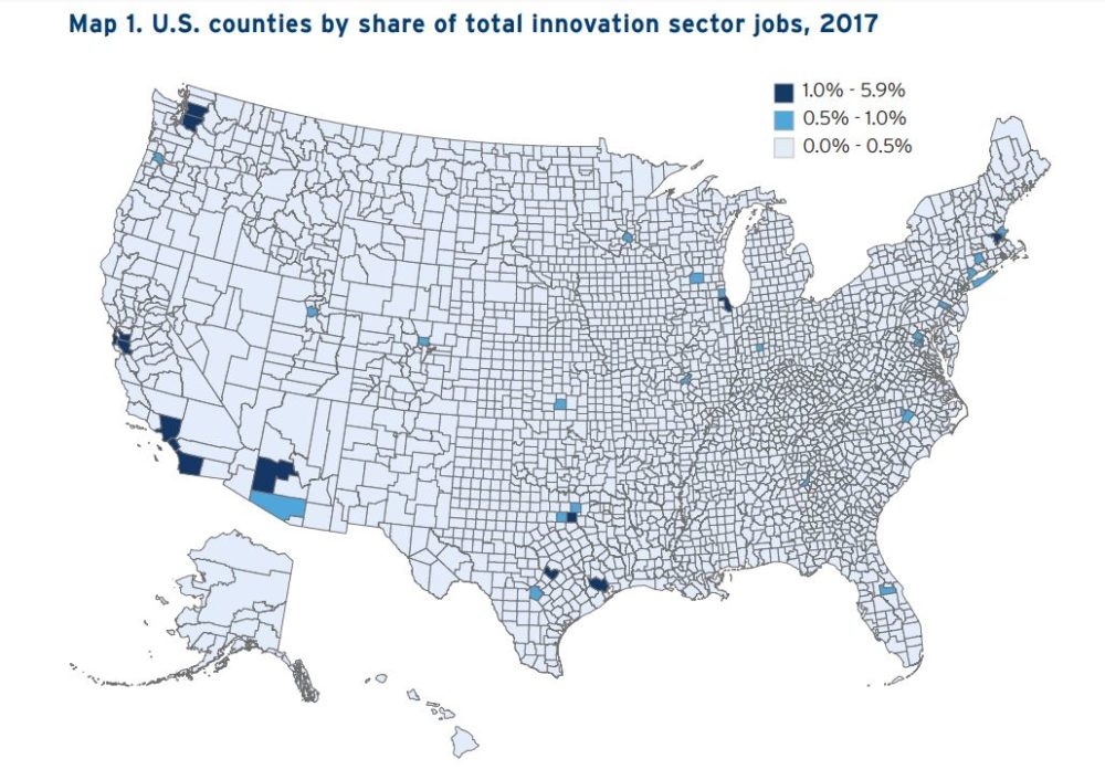 A map of innovation sector jobs shows that most are concentrated in several major metros. (Courtesy of the Brookings Institution.)