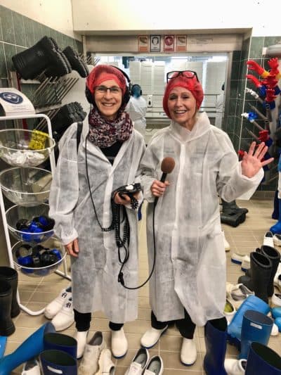 Robin Young and Karyn Miller-Medzon at Brim Fisheries. (Karyn Miller-Medzon/Here & Now)
