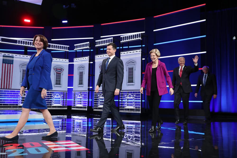 Democratic presidential candidates arrive on stage before the start of the Democratic Presidential Debate at Tyler Perry Studios Nov. 20, 2019 in Atlanta, Ga. (Joe Raedle/Getty Images)