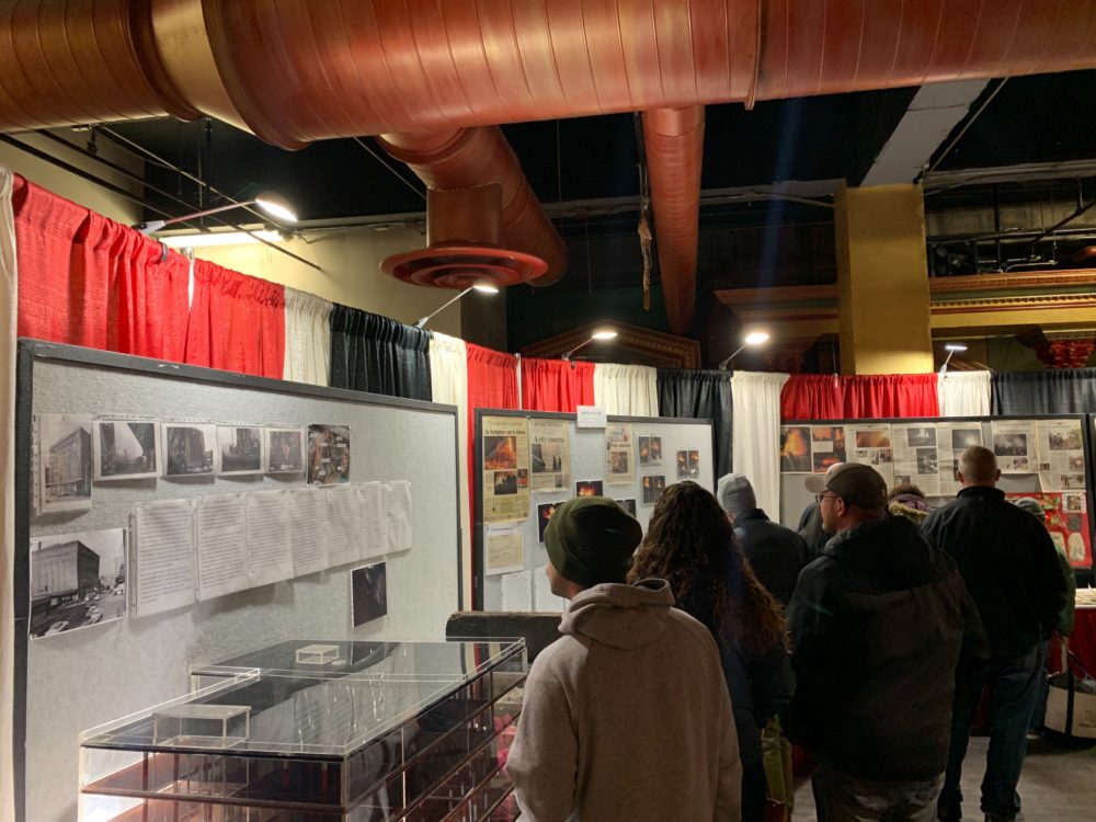 The Worcester Historical Fire Society’s exhibit honoring the Worcester Six, also called the Fallen Six, at Union Station (Simón Rios/WBUR)