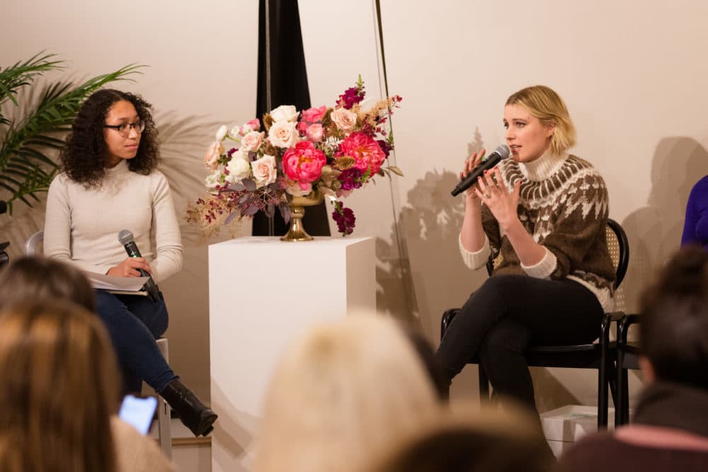 Harvard Crimson president Kristine Guillaume and director Greta Gerwig at The Wing in Boston. (Courtesy Kayana Szymczak)