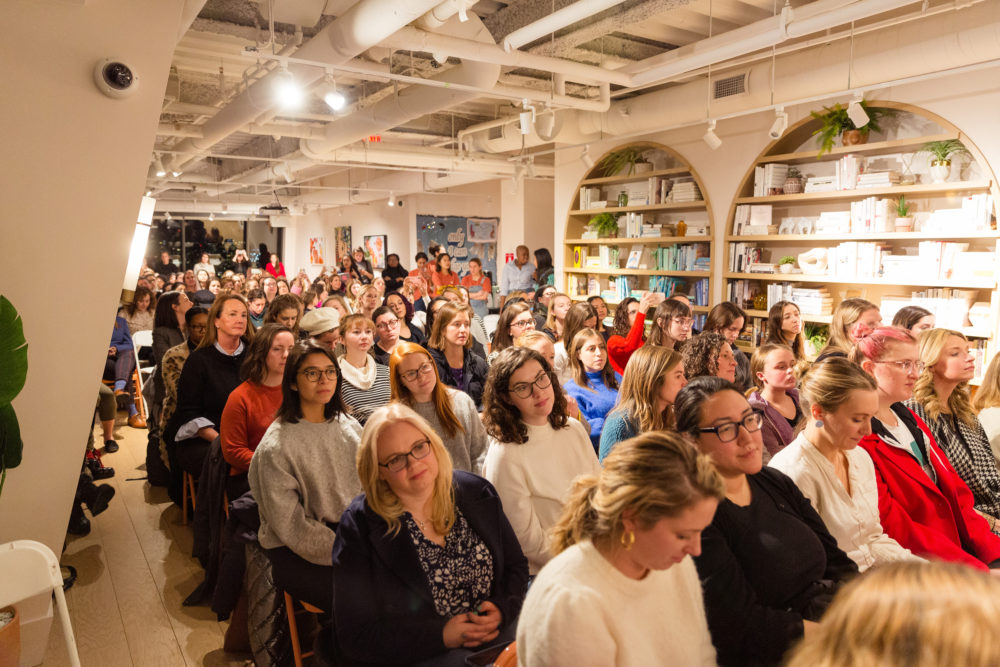 The audience at The Wing listen to the cast and director of "Little Women." (Courtesy Kayana Szymczak)