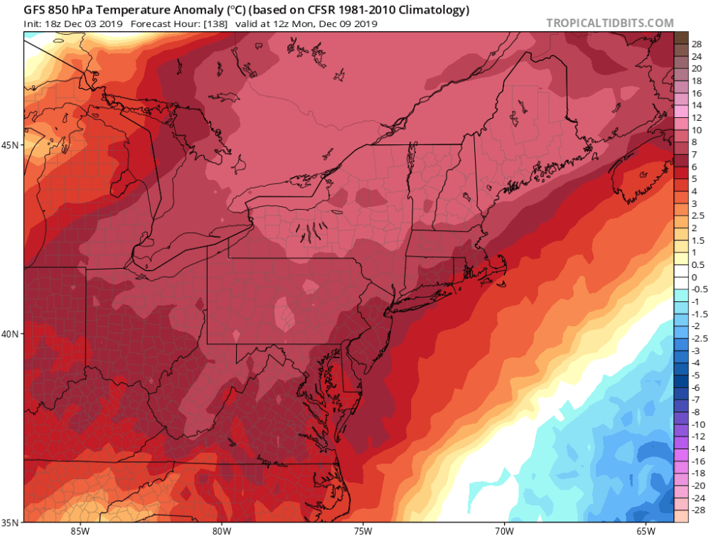 Temperatures are forecast to be above average early next week after a cold weekend. (Courtesy of Tropical Tidbits)