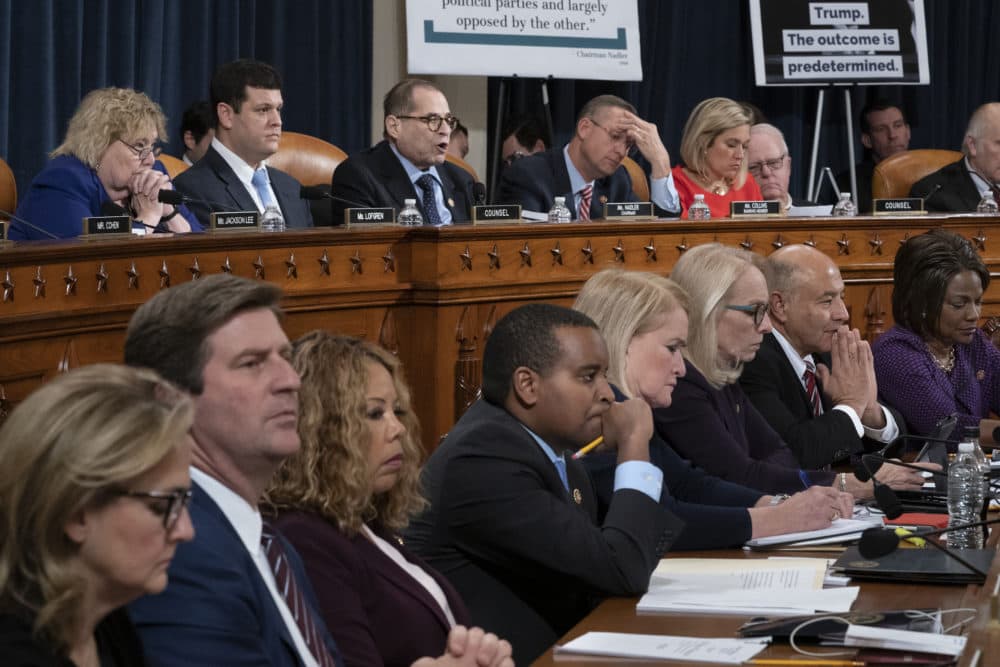House Judiciary Committee Chairman Jerrold Nadler, D-N.Y., top center, and Rep. Doug Collins, R-Ga., the ranking member, right, makes his opening statement during a markup of the articles of impeachment against President Trump, on Capitol Hill in Washington on Dec. 11. The Democratic members of the panel are on the bottom row. (J. Scott Applewhite/AP)