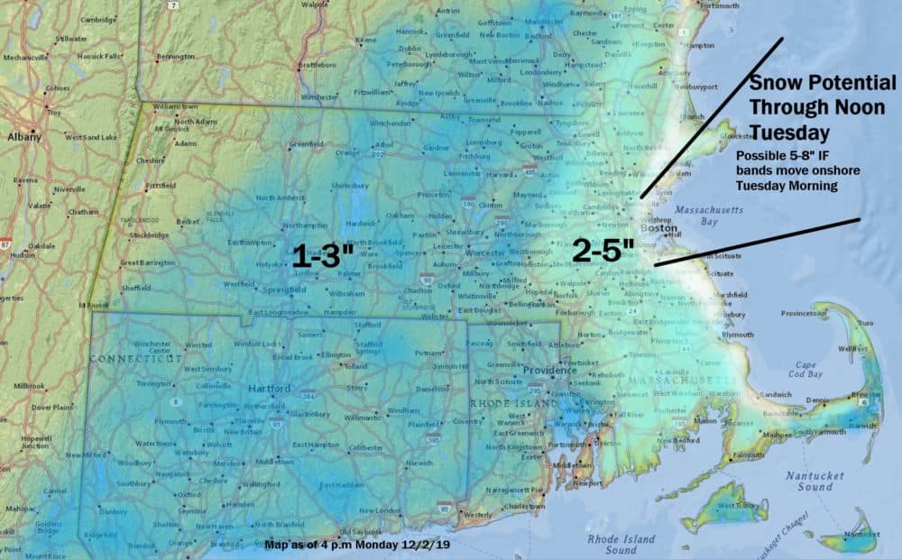 An ocean storm will bring back snow to eastern New England tonight. (Dave Epstein/WBUR)
