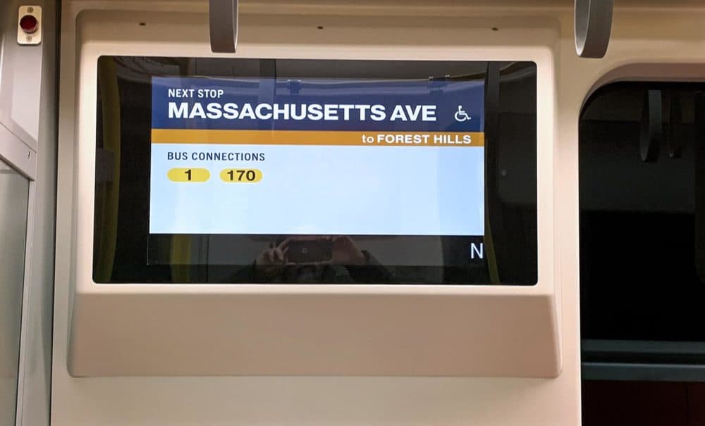 The new Orange Line cars’ trip information display. (Steve Brown/WBUR)