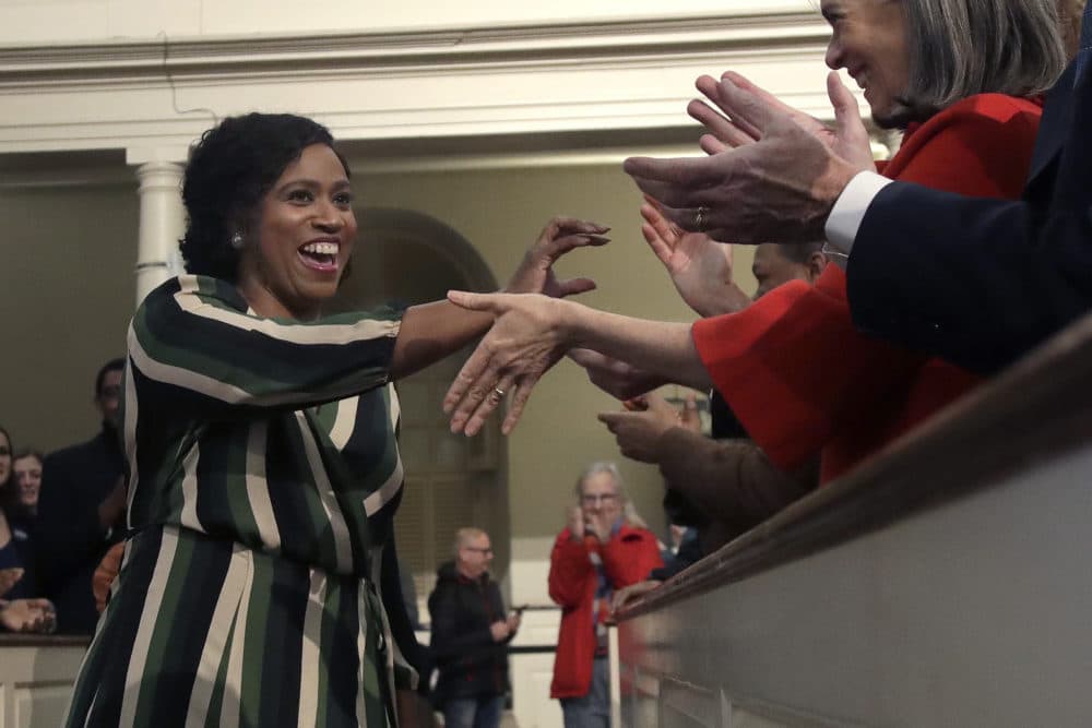 Rep. Ayanna Pressley arrives for a campaign event where she introduced Democratic presidential candidate Sen. Elizabeth Warren in Boston on Dec. 31, 2019. (Elise Amendola/AP)