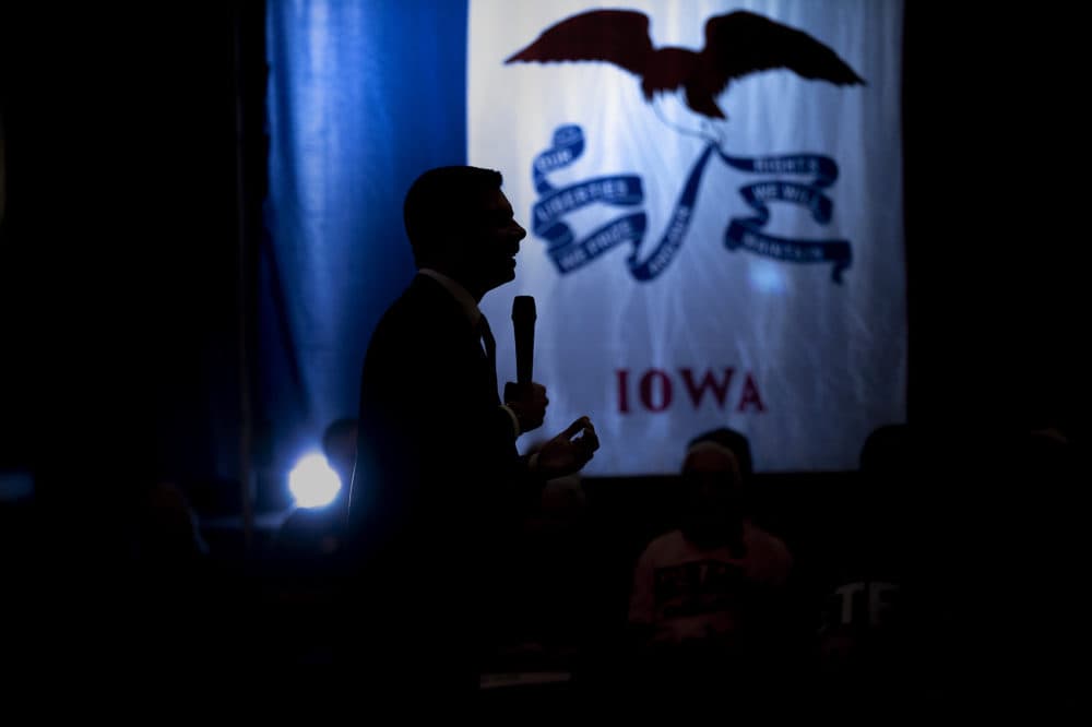 Presidential candidate Pete Buttegieg speaks to supporters at a town hall event at the Midnight Ballroom in Marshalltown, Iowa. (Jesse Costa/WBUR)