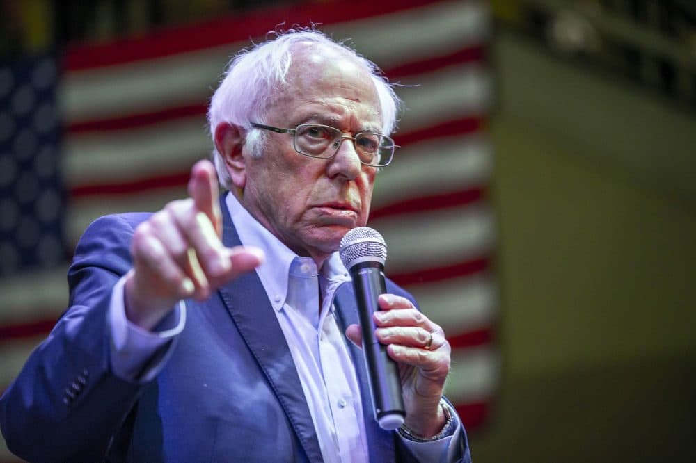 Sanders speaks to supporters at a rally at Simpson College in Indianola, Iowa. (Jesse Costa/WBUR)